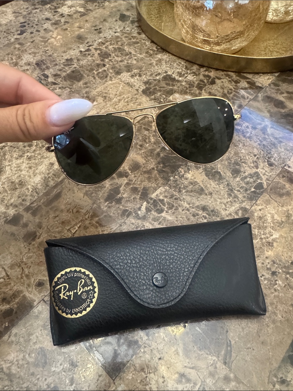 Ray-Ban Women’s or Kids Gold Aviator Sunglasses with Dark Green Lenses